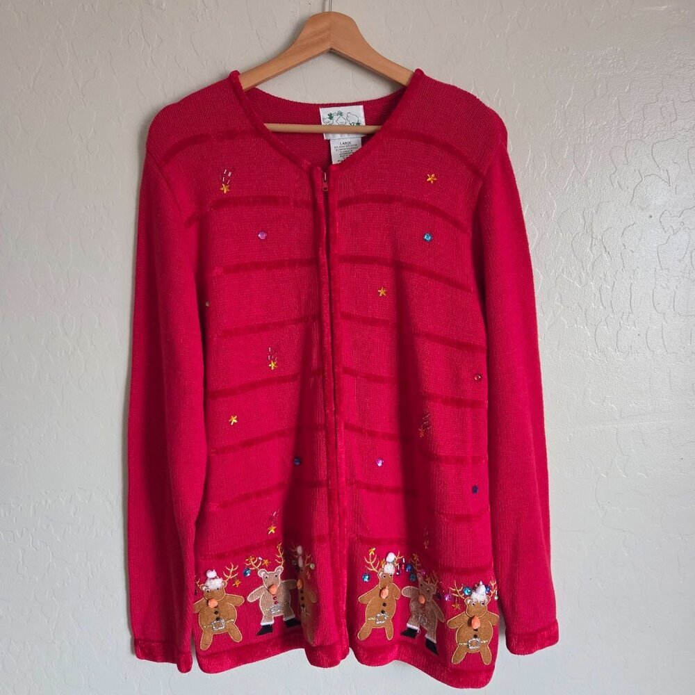 The Quaker Factory Beaded Reindeer Ugly Christmas Sweater Full Zip Red Women's L